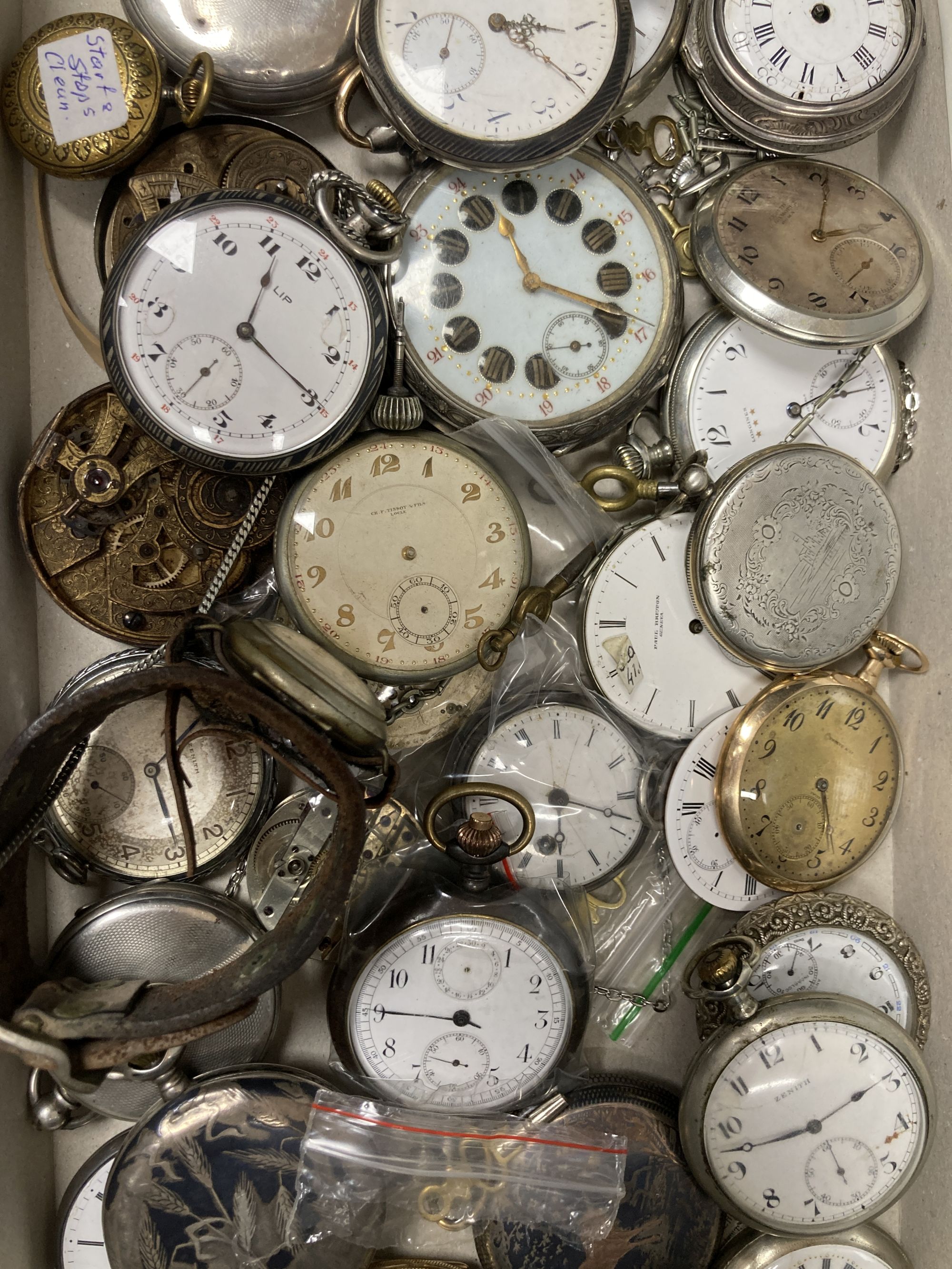 A collection of assorted mainly base metal pocket watches, movement etc. including niello, early 20th century wrist watch and a silver pair cased pocket watch (mainly a.f.).